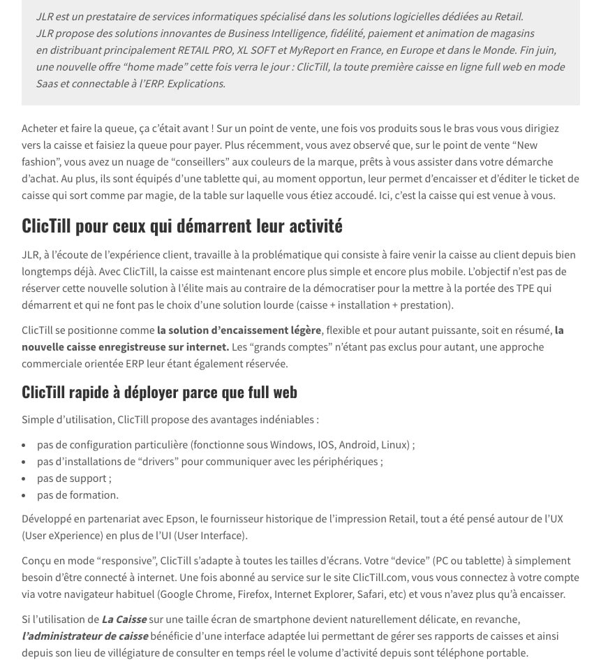 Article de presse - Clictill logiciel de caisse