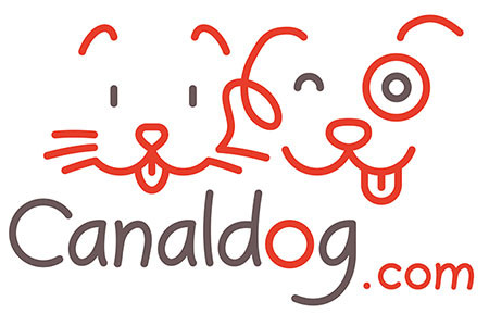 logo de l'entreprise canaldog. le logo est gris et rouge avec un chien et un chat