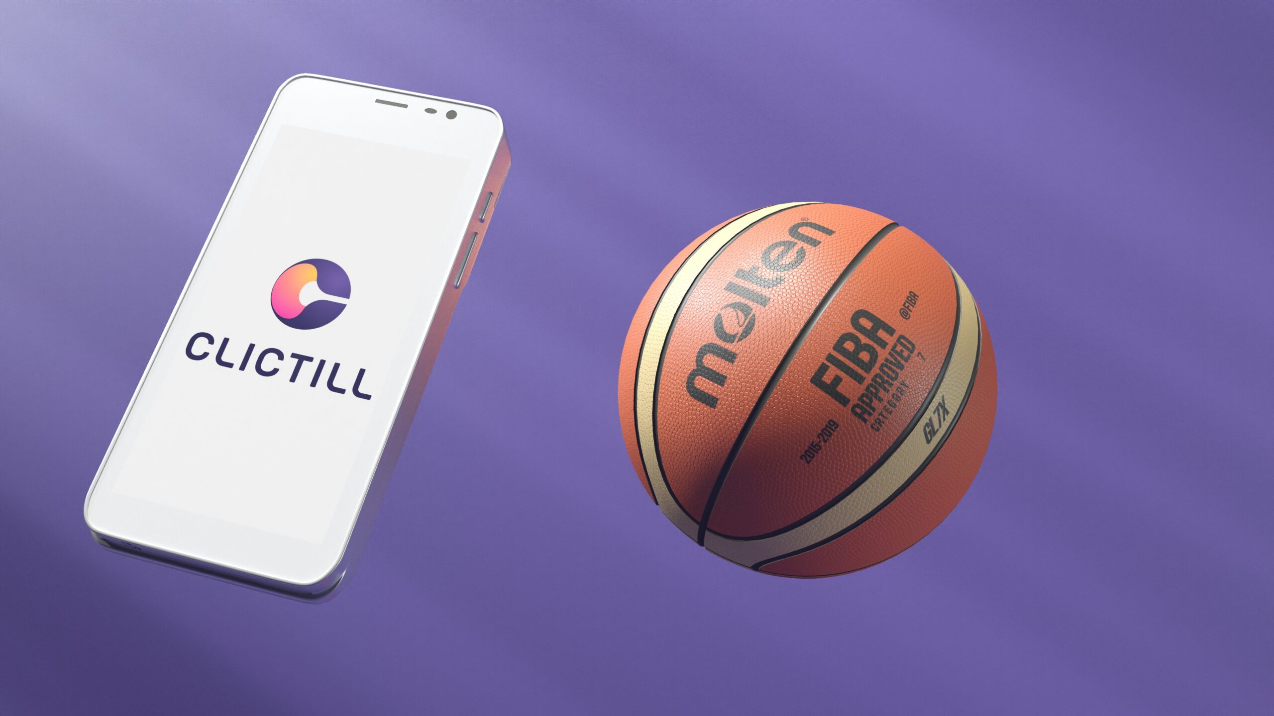 photo d'un téléphone avec le logo de clitill et un ballon de basket. Le fond est bleu lavande