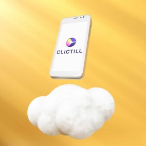 Téléphone avec le logo de l'entreprise Clictill et nuage blanc au premier plan. Arrière plan jaune