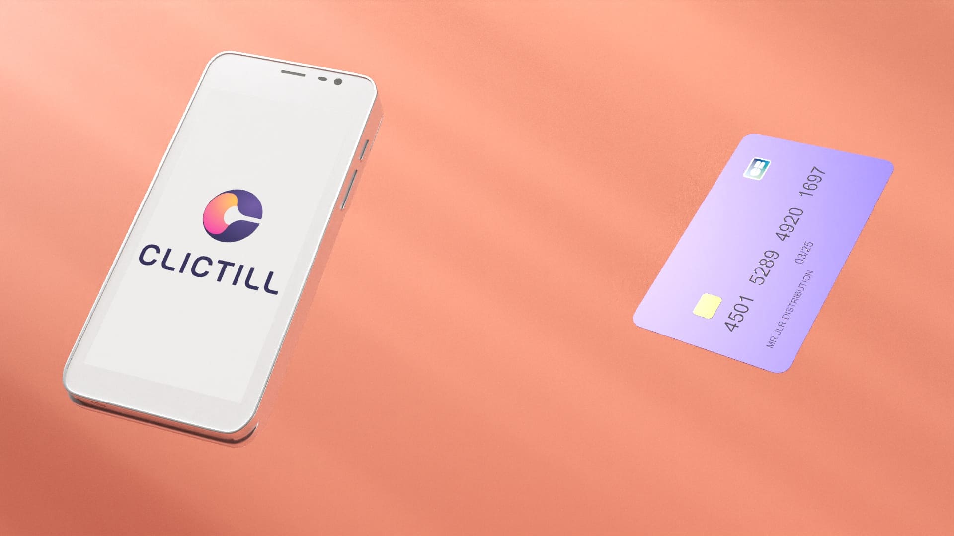 Téléphone avec le logo Clictill et une carte bancaire au premier plan. Arrière plan couleur rose