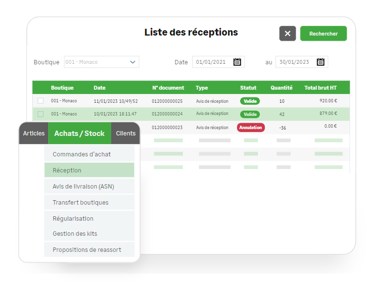 Tableau de Bord du logiciel de caisse Clictill partie "client" couleur blanc, gris et vert