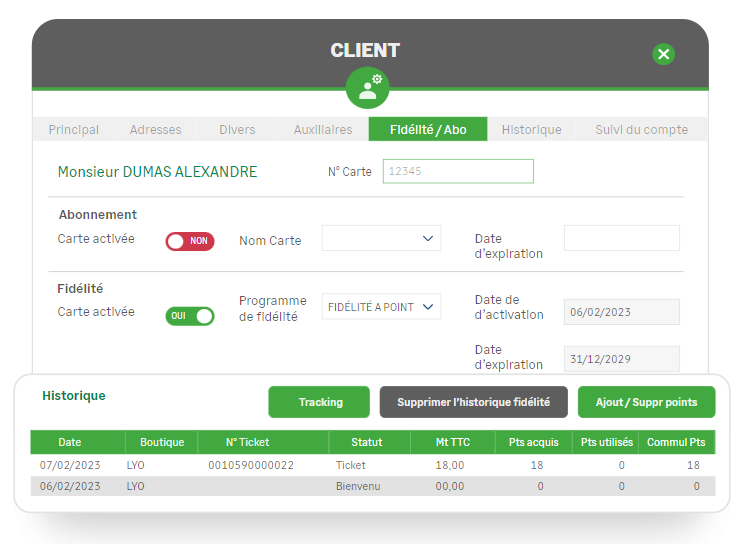 Tableau de Bord du logiciel de caisse Clictill partie "client" couleur blanc, gris et vert