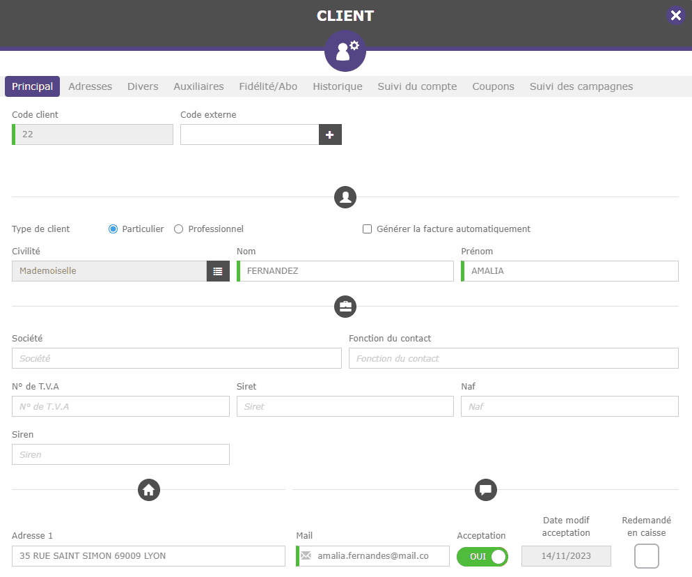 écran de gestion client du logiciel Clictill