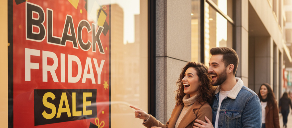 Couple heureux qui regarde une affiche black friday sur la vitrine d'un magasin