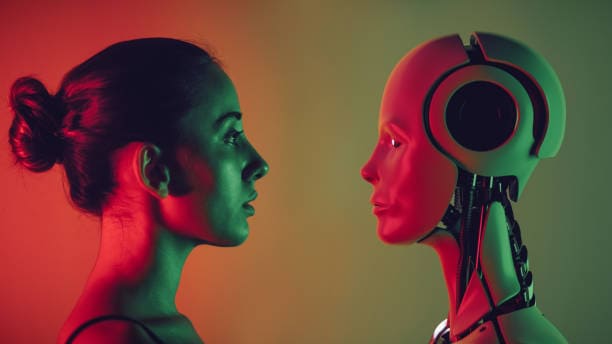 une image d'une intelligence artificielle et d'une femme. Cette image représente l'intelligence artificielle et le retail