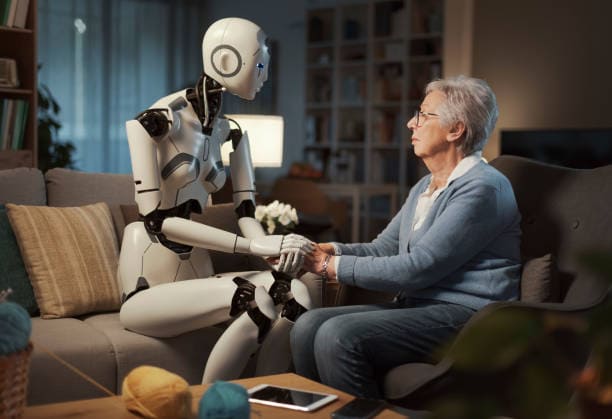 Image d'un robot et d'une dame. Cela représente une intelligence artificielle et le retail