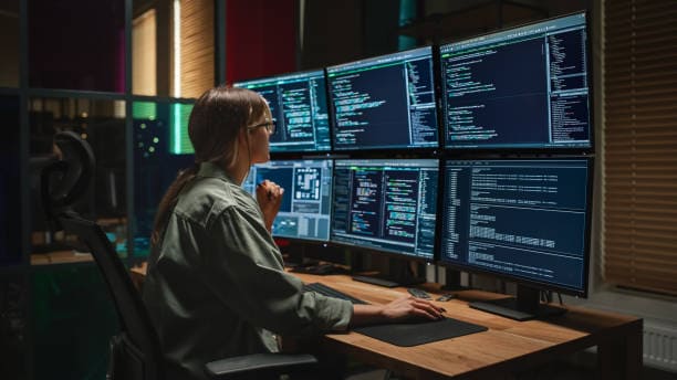 Femme qui regarde un écran en mode SaaS