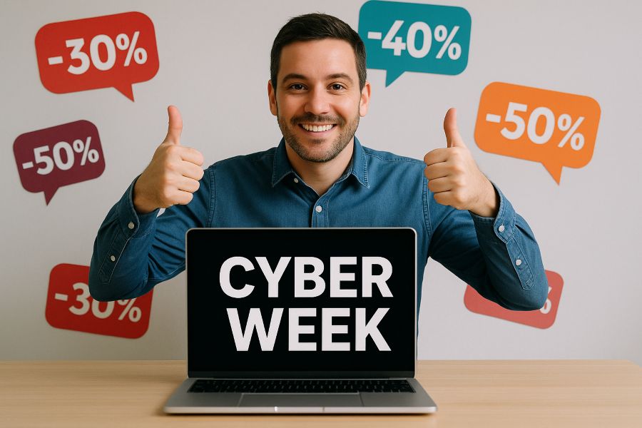 homme souriant devant son ordinateur qui indique la cyber week