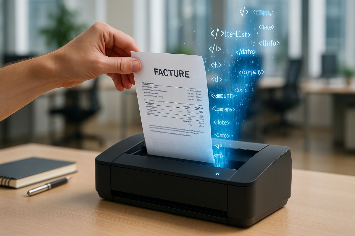 main qui scanne une facture papier pour faire une facture électronique