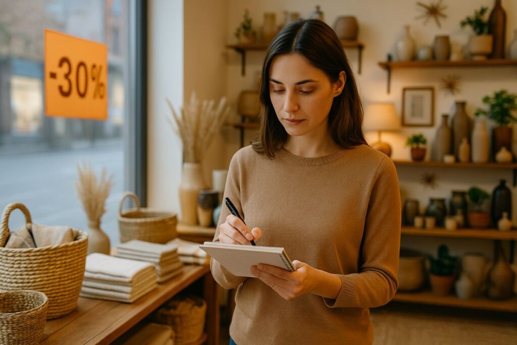 gérante de magasin qui fait une checklist de vérifications avant le cyber monday