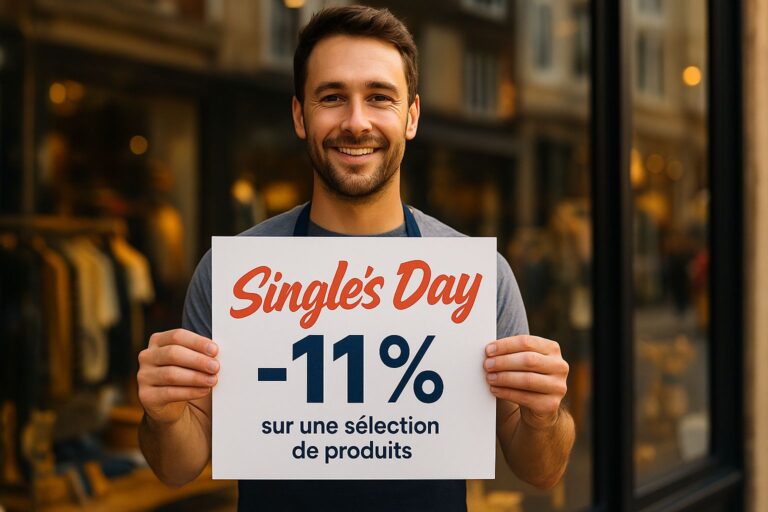 commerçant devant son magasin qui montre une pancarte de promotion pour le Single's Day