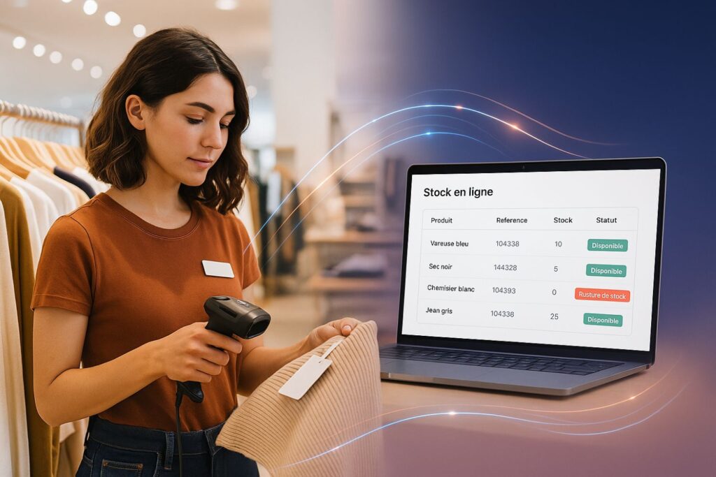 vendeuse qui scanne un vetement en boutique et le stock se met à jour en ligne
