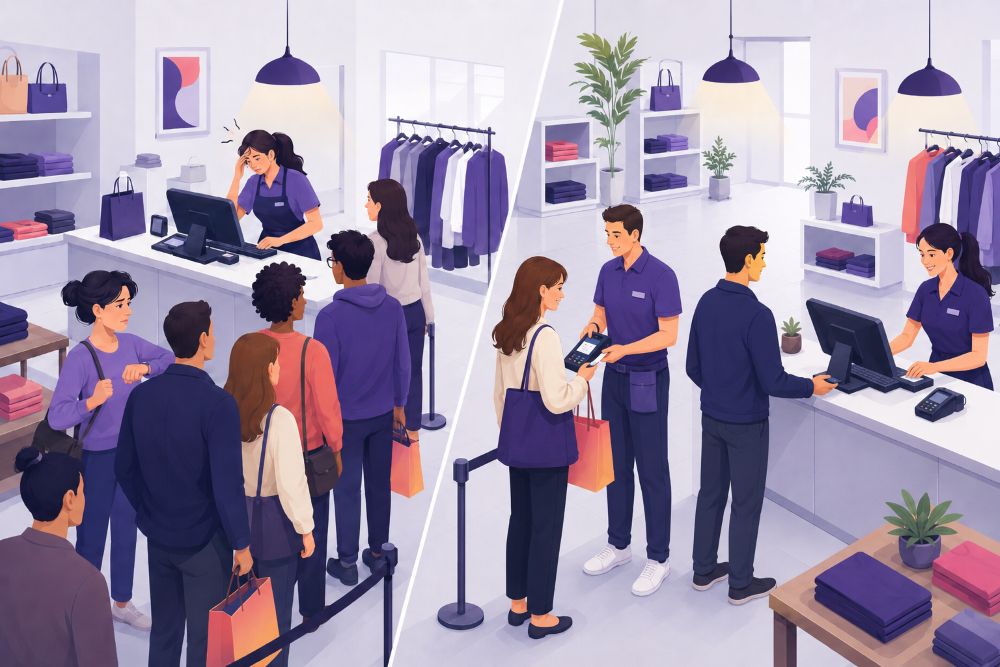 file d'attente avec et sans caisse mobile