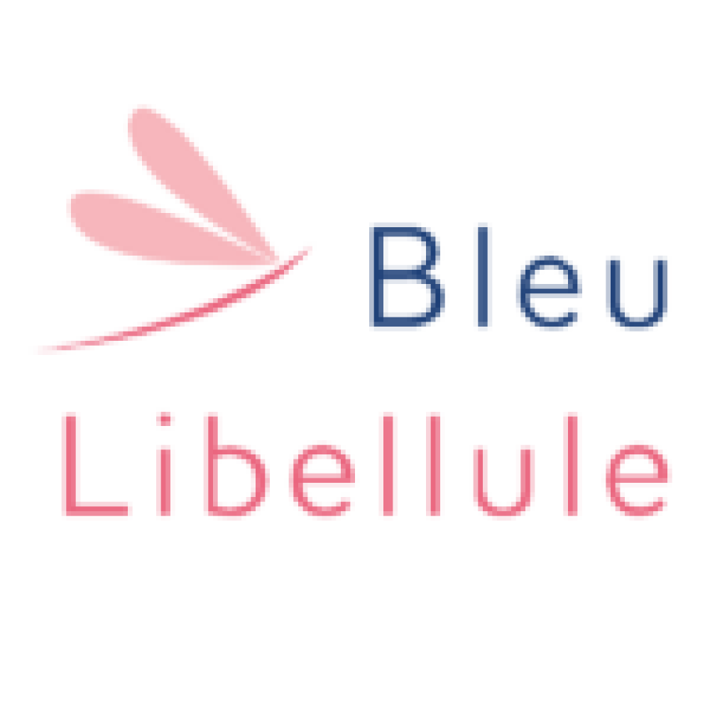 Logo de l'entreprise Bleu Libellule. Le logo est rose et bleu